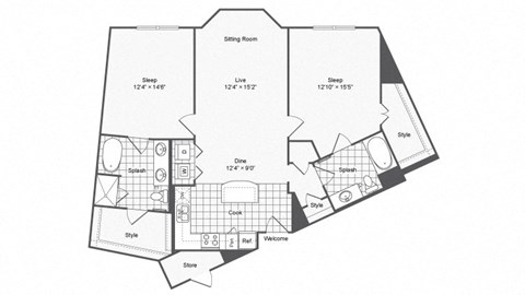 Floor plan for 2 beds, 2 baths, 1199 sqft